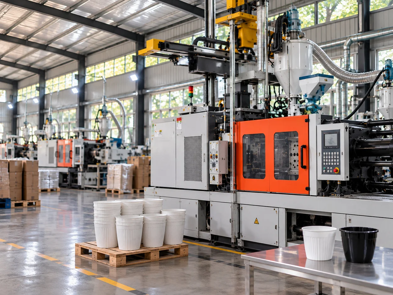 Plastic molding manufacturing equipment and nursery pots on a factory production floor
